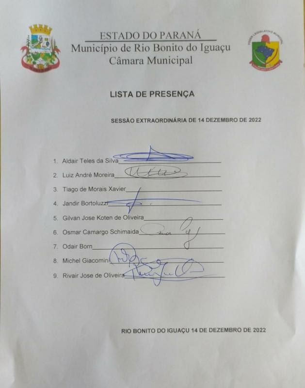 Lista de Presença dos vereadores no dia 14 de dezembro de 2022